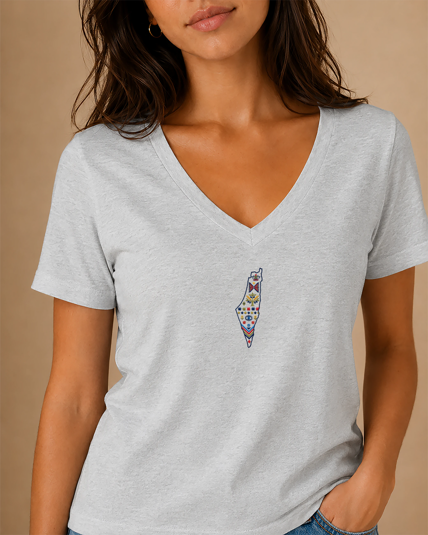 Palestine Heritage Women's Embroidered V-Neck Tee in Athletic Heather - embroidery detail