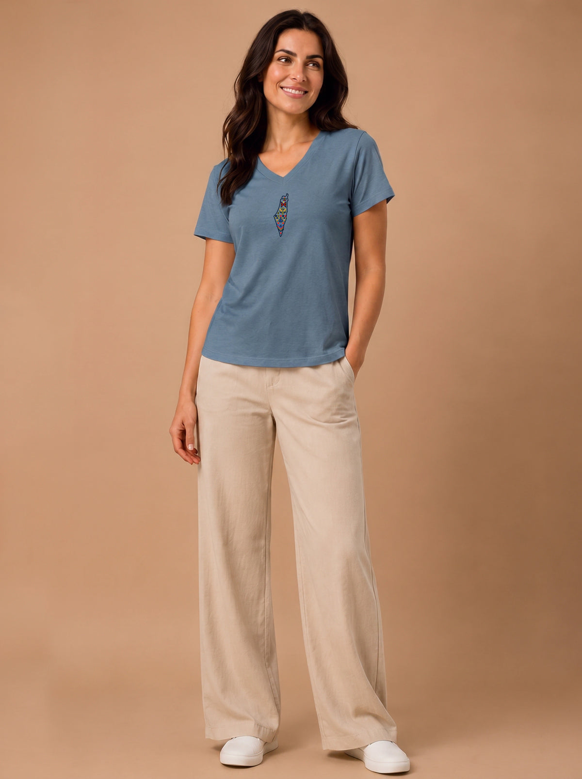 Palestine Heritage Women's Embroidered V-Neck Tee in Heather Slate - front lifestyle