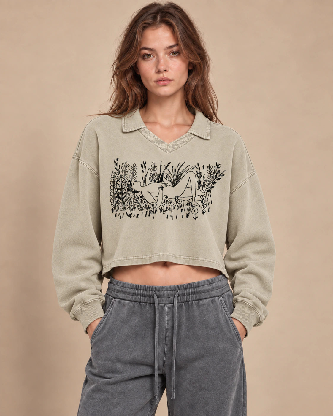 Garden Static Women's Vintage-Wash Crop Sweatshirt in Apricot - front lifestyle view