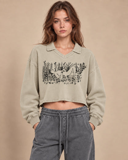 Garden Static Women's Vintage-Wash Crop Sweatshirt in Apricot - front lifestyle view