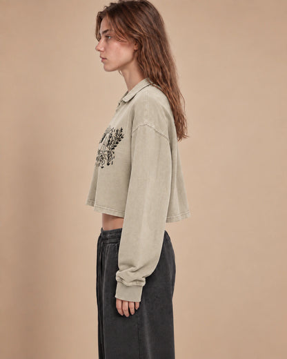 Garden Static Women's Vintage-Wash Crop Sweatshirt in Apricot - side lifestyle view