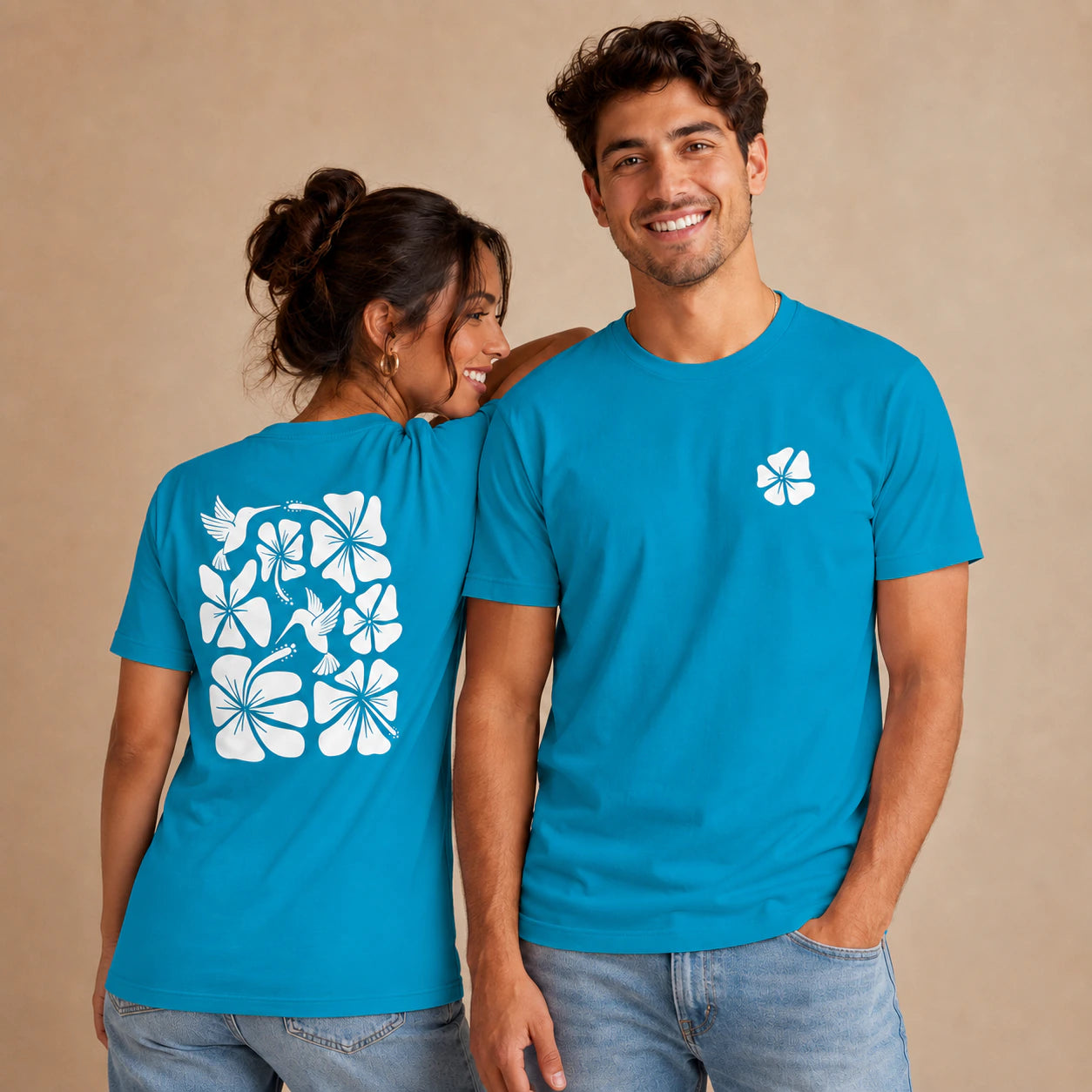 Hibiscus Flight Unisex Crew-Neck Tee in Aqua - unisex front and back lifestyle
