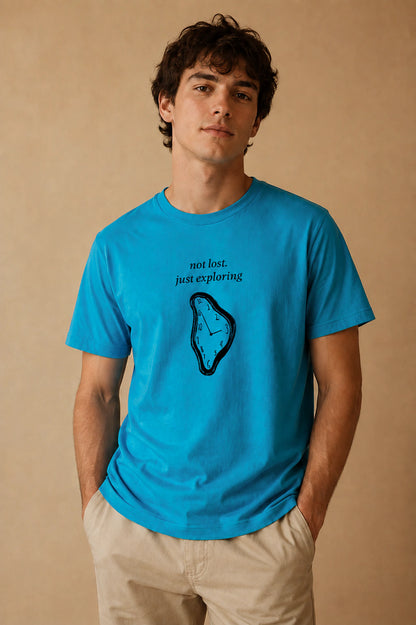 Not Lost, Just Exploring Unisex Crew-Neck Tee in Aqua - editorial model view