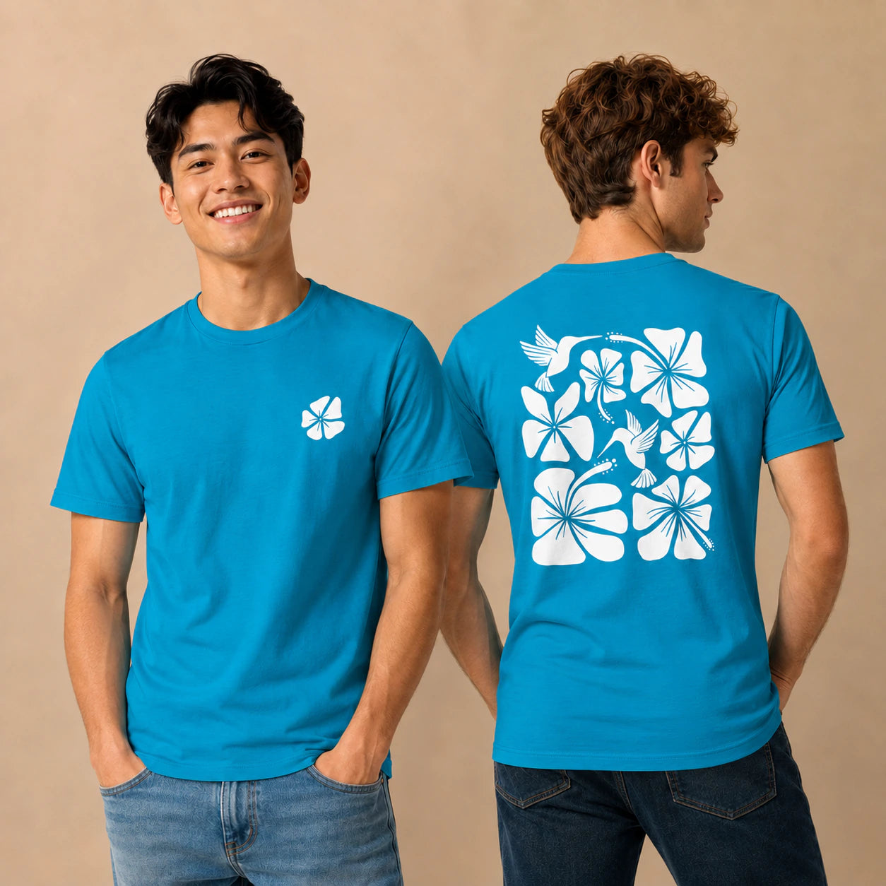 Hibiscus Flight Unisex Crew-Neck Tee in Aqua - mens front and back lifestyle