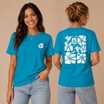 Hibiscus Flight Unisex Crew-Neck Tee in Aqua - womens front and back lifestyle