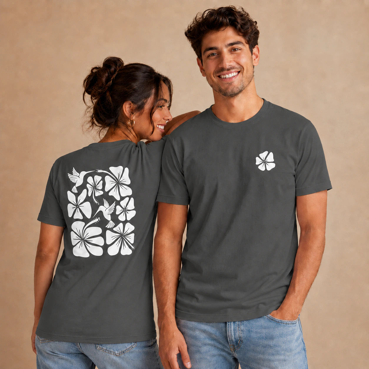 Hibiscus Flight Unisex Crew-Neck Tee in Asphalt - unisex front and back lifestyle