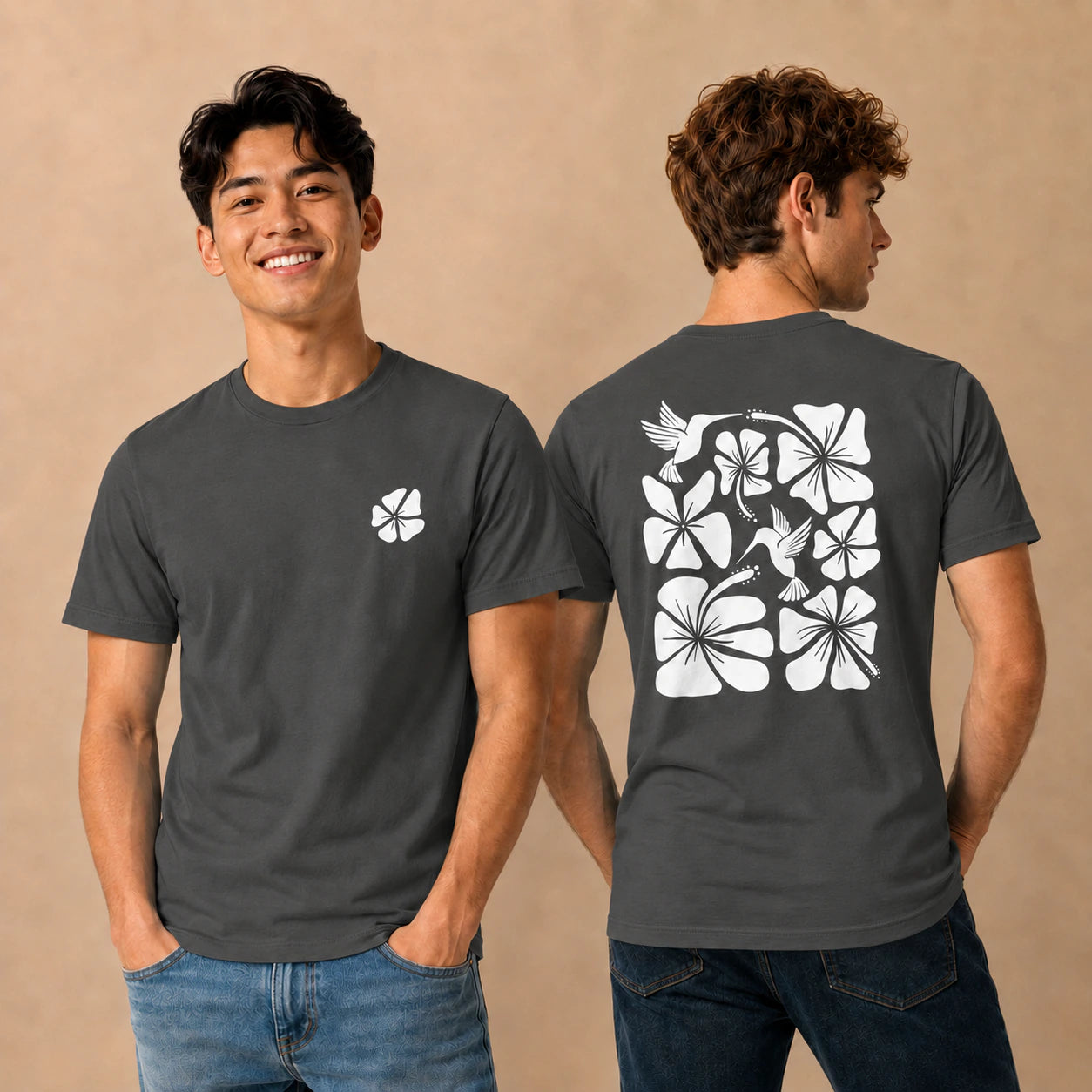 Hibiscus Flight Unisex Crew-Neck Tee in Asphalt - mens front and back lifestyle