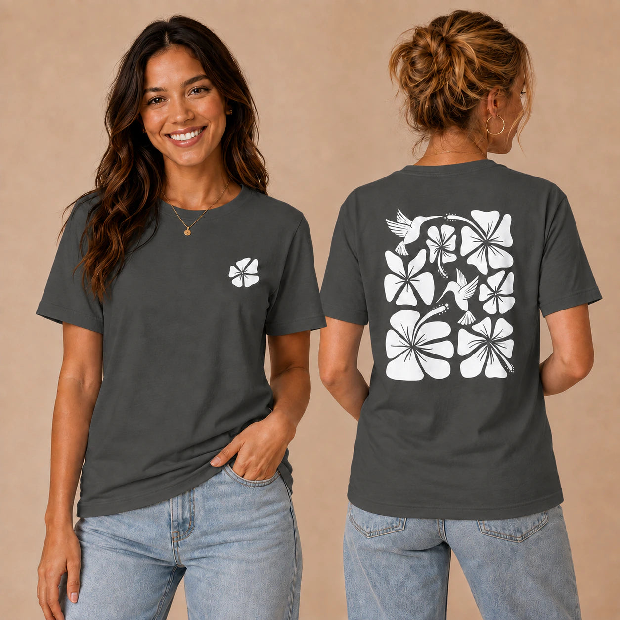 Hibiscus Flight Unisex Crew-Neck Tee in Asphalt - womens front and back lifestyle