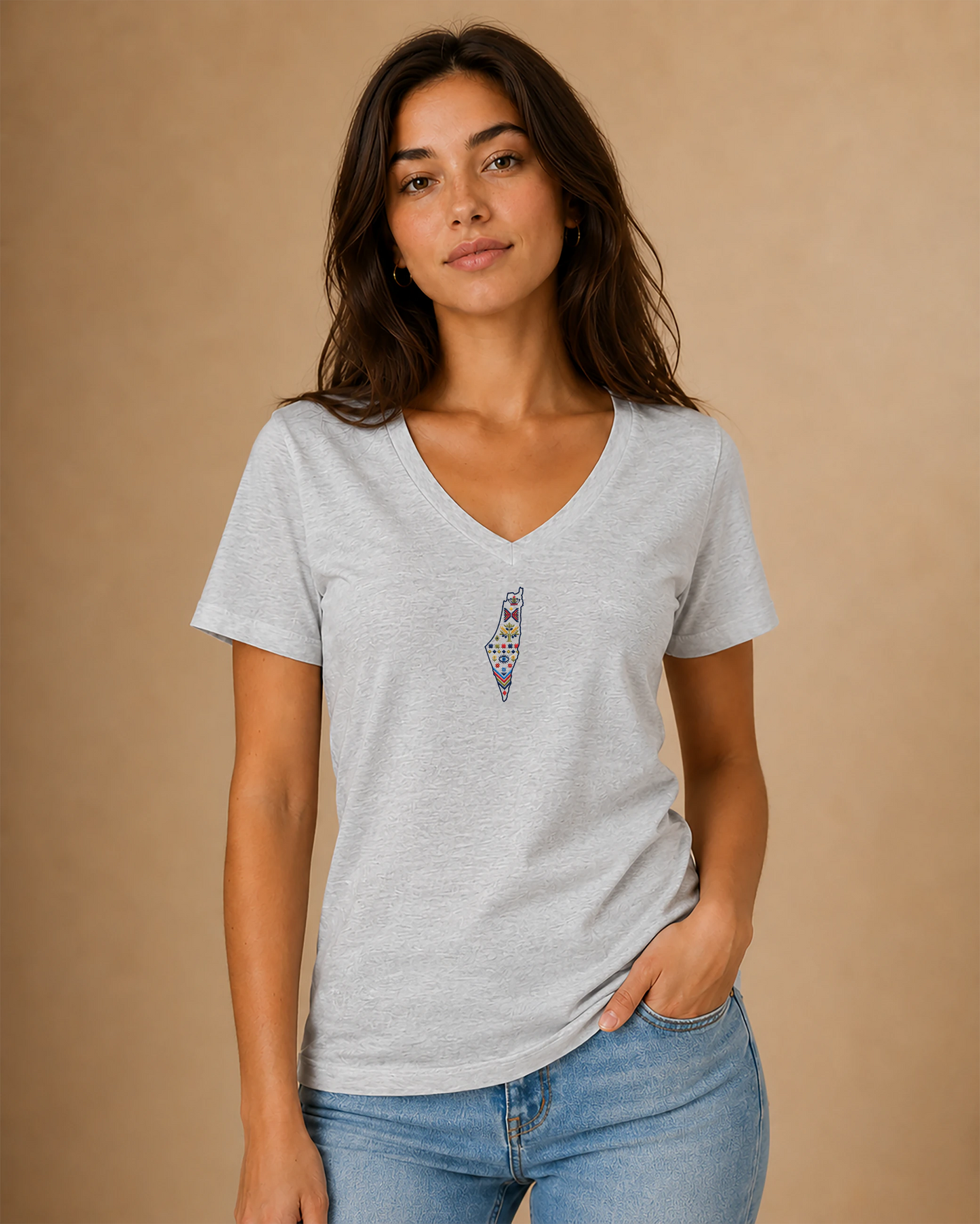 Palestine Heritage Women's Embroidered V-Neck Tee in Athletic Heather - front lifestyle