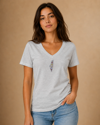 Palestine Heritage Women's Embroidered V-Neck Tee in Athletic Heather - front lifestyle