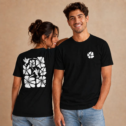 Hibiscus Flight Unisex Crew-Neck Tee in Black - unisex front and back lifestyle