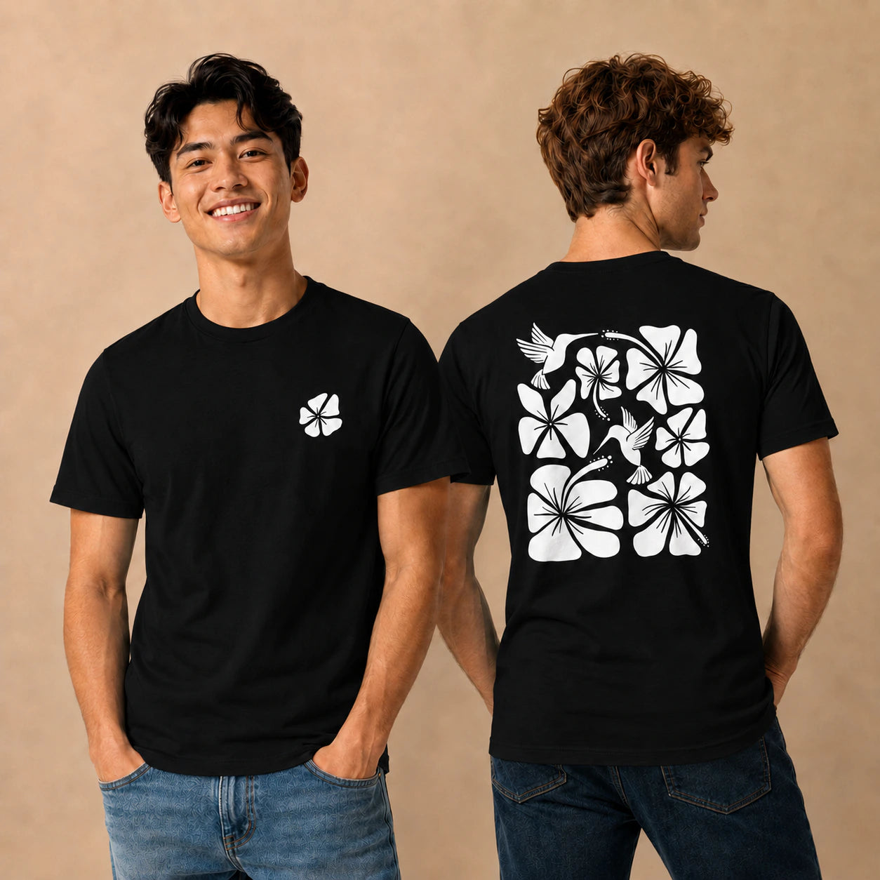 Hibiscus Flight Unisex Crew-Neck Tee in Black - mens front and back lifestyle