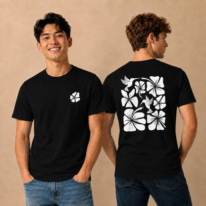 Hibiscus Flight Unisex Crew-Neck Tee in Black - mens front and back lifestyle