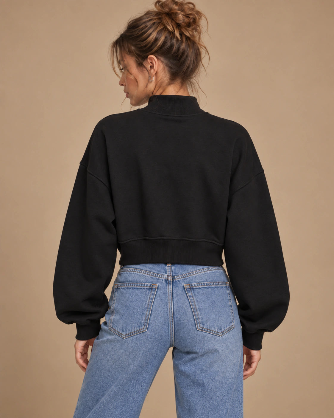 Eclipse Muse Women's Cropped Mock-Neck Sweatshirt in Black - back lifestyle view