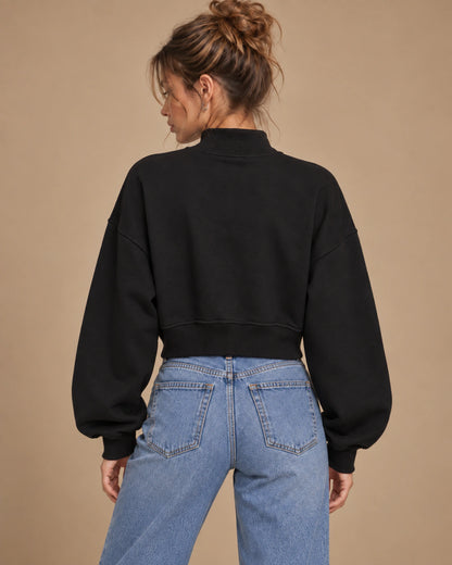 Eclipse Muse Women's Cropped Mock-Neck Sweatshirt in Black - back lifestyle view