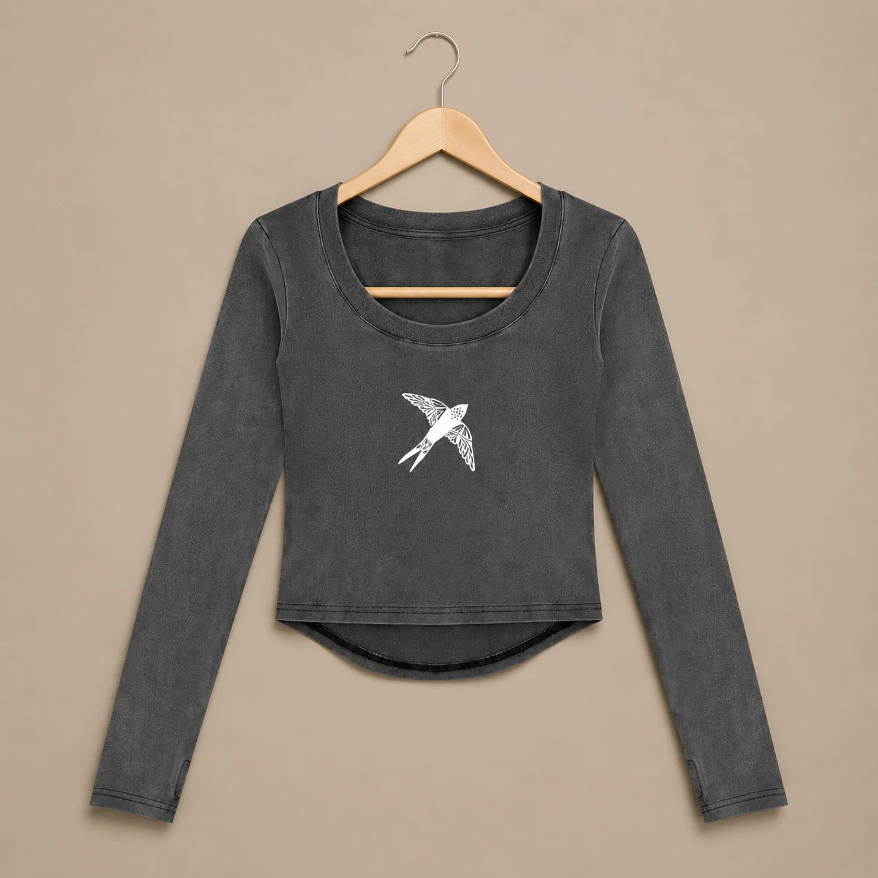 Swallow Flight Vintage-Wash Crop Top in Black - flat lay front view