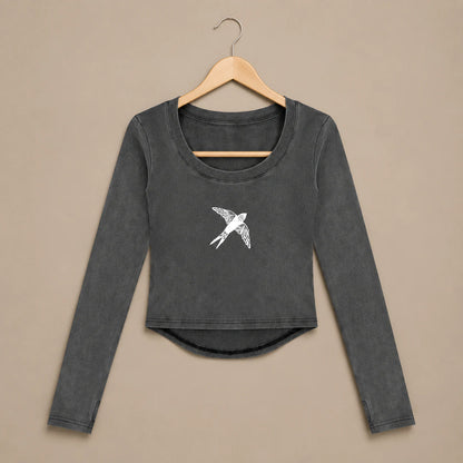 Swallow Flight Vintage-Wash Crop Top in Black - flat lay front view
