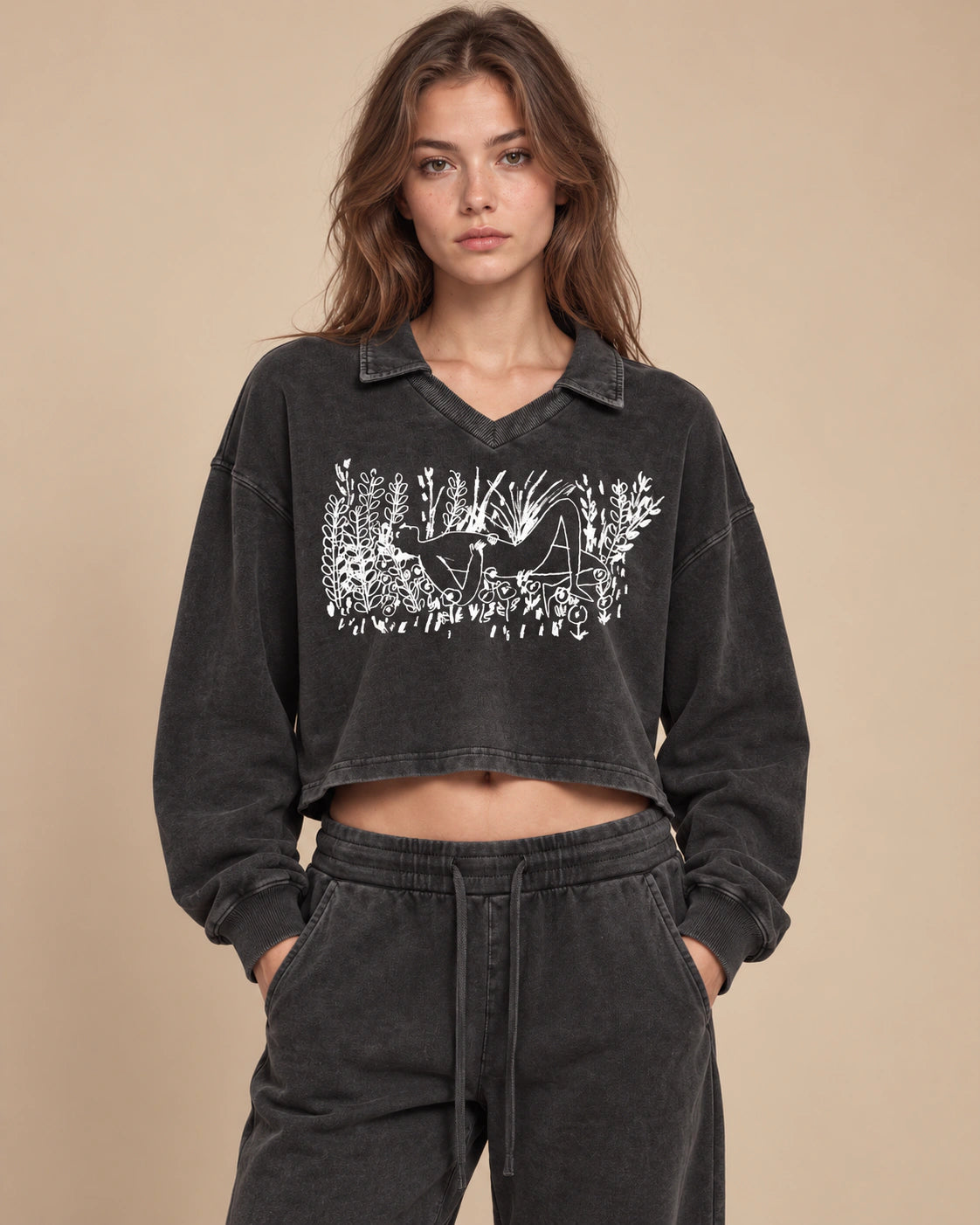 Garden Static Women's Vintage-Wash Crop Sweatshirt in Black - front lifestyle view