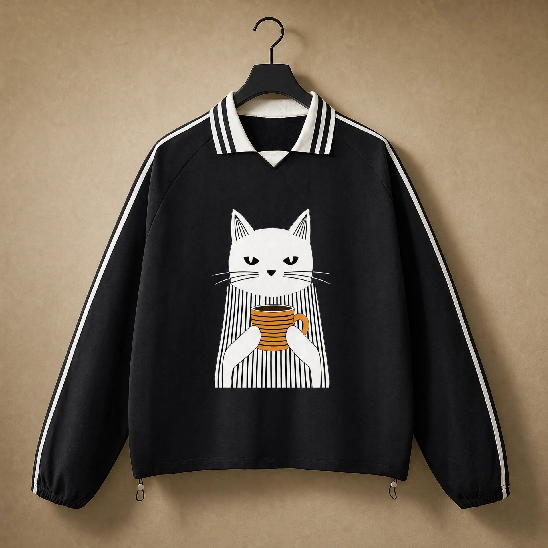 Unisex Coffee Break Cat Striped-Collar Sweatshirt in Black - hanger front view