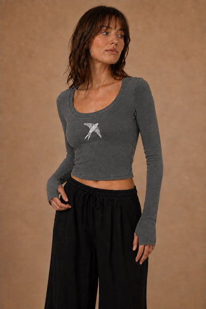 Swallow Flight Vintage-Wash Crop Top in Black - model angle view