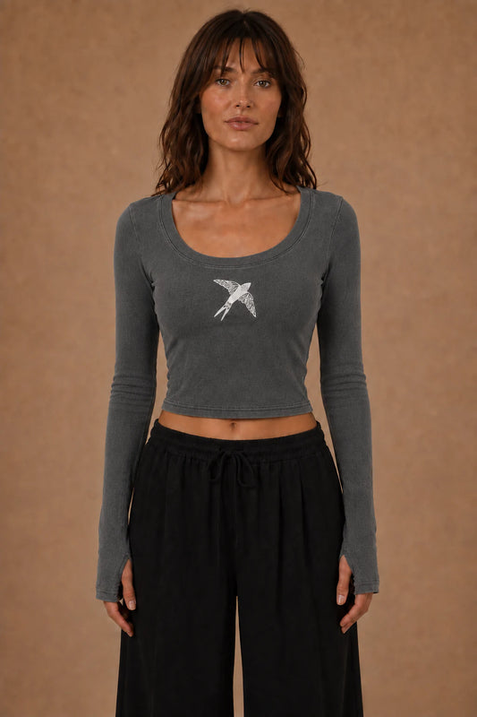 Swallow Flight Vintage-Wash Crop Top in Black - model front view
