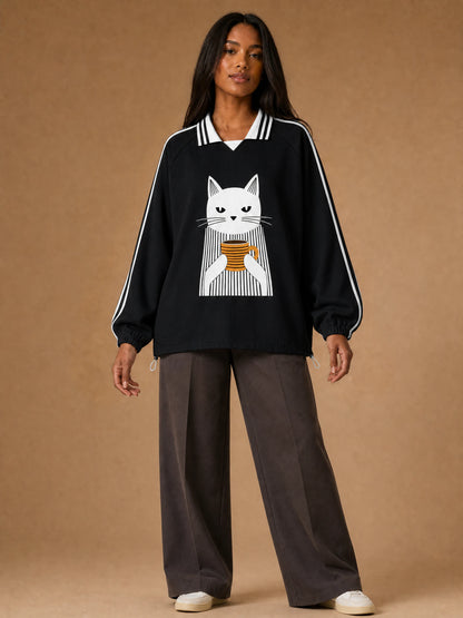 Unisex Coffee Break Cat Striped-Collar Sweatshirt in Black - model front view