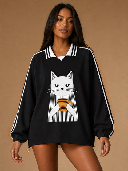 Unisex Coffee Break Cat Striped-Collar Sweatshirt in Black - model front full view