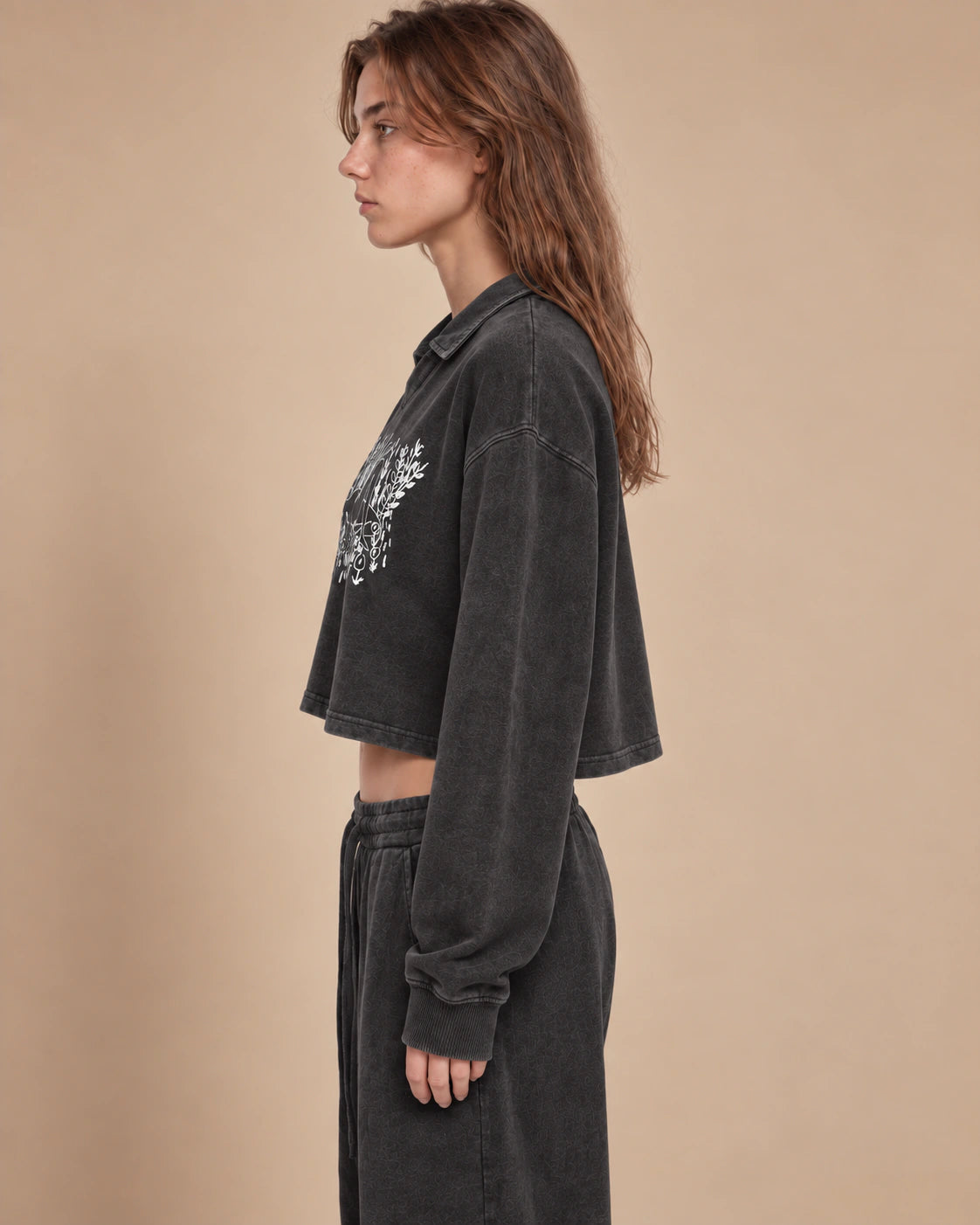 Garden Static Women's Vintage-Wash Crop Sweatshirt in Black - side lifestyle view