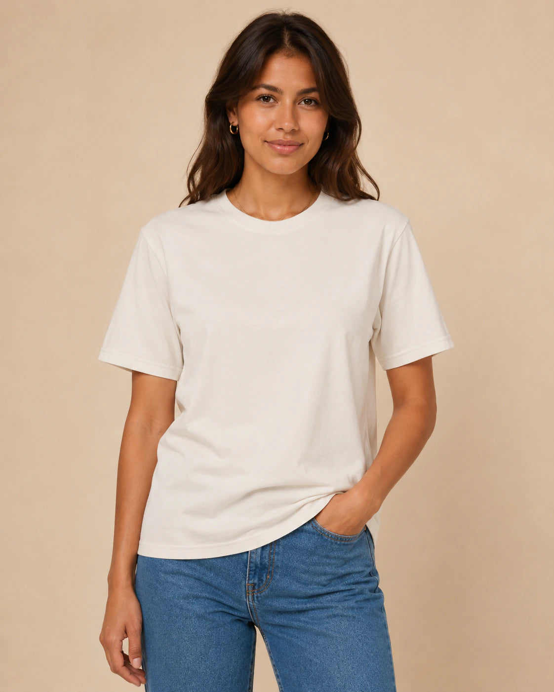 Blue Hour Tea Women's Crew-Neck Tee in Vanilla Cream, shown from the front
