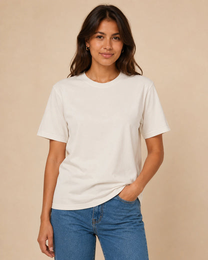 Blue Hour Tea Women's Crew-Neck Tee in Vanilla Cream, shown from the front