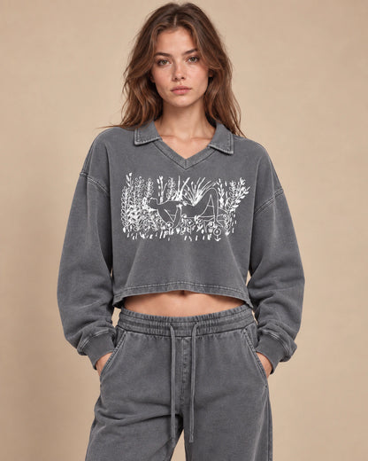 Garden Static Women's Vintage-Wash Crop Sweatshirt in Cement Gray - front lifestyle view