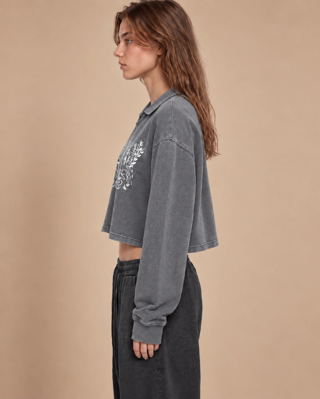 Garden Static Women's Vintage-Wash Crop Sweatshirt in Cement Gray - side lifestyle view