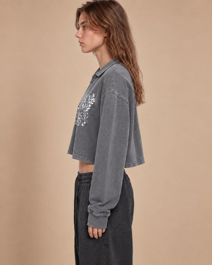 Garden Static Women's Vintage-Wash Crop Sweatshirt in Cement Gray - side lifestyle view