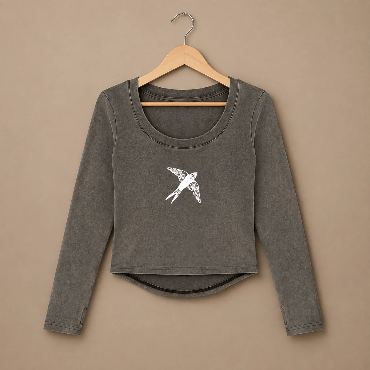 Swallow Flight Vintage-Wash Crop Top in Dark Gray - flat lay front view