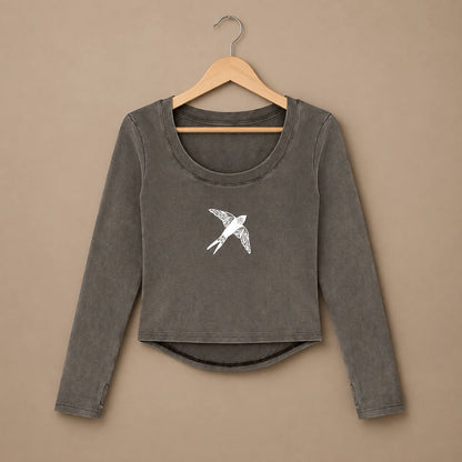 Swallow Flight Vintage-Wash Crop Top in Dark Gray - flat lay front view