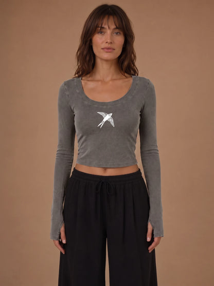Swallow Flight Vintage-Wash Crop Top in Dark Gray - model front view