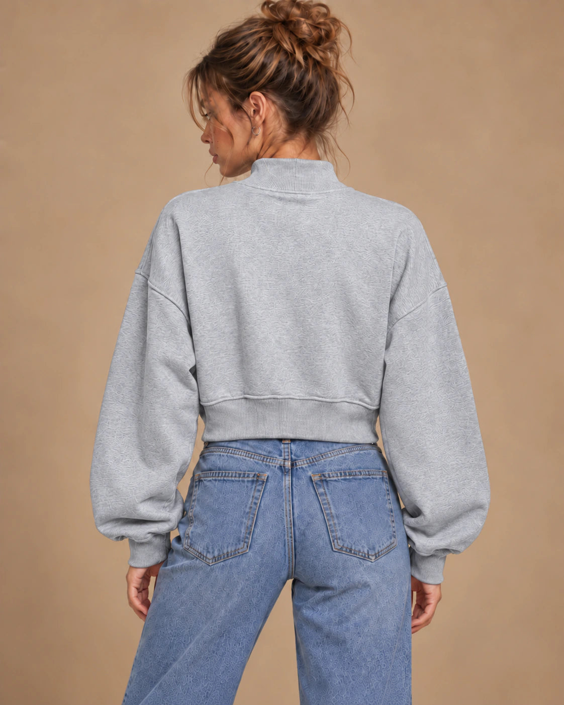 Eclipse Muse Women's Cropped Mock-Neck Sweatshirt in Gray - back lifestyle view
