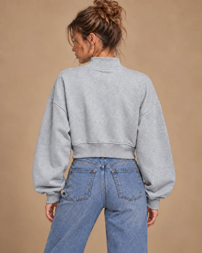 Eclipse Muse Women's Cropped Mock-Neck Sweatshirt in Gray - back lifestyle view