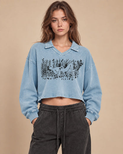 Garden Static Women's Vintage-Wash Crop Sweatshirt in Gray Blue - front lifestyle view