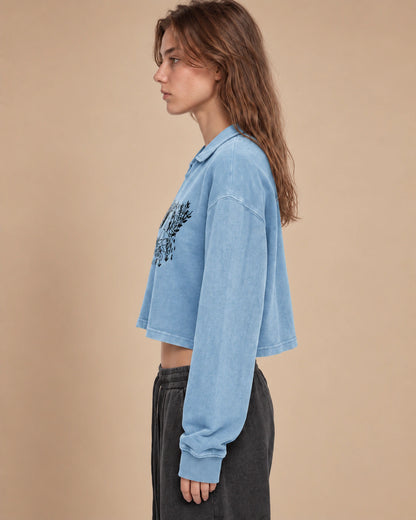 Garden Static Women's Vintage-Wash Crop Sweatshirt in Gray Blue - side lifestyle view
