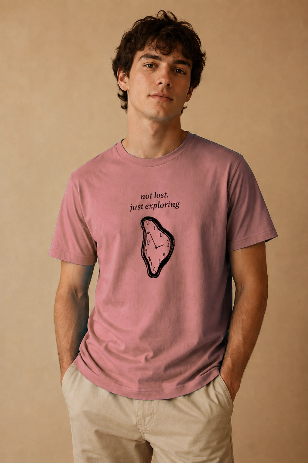 Not Lost, Just Exploring Unisex Crew-Neck Tee in Heather Mauve - editorial model view
