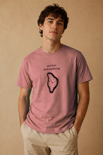Not Lost, Just Exploring Unisex Crew-Neck Tee in Heather Mauve - editorial model view