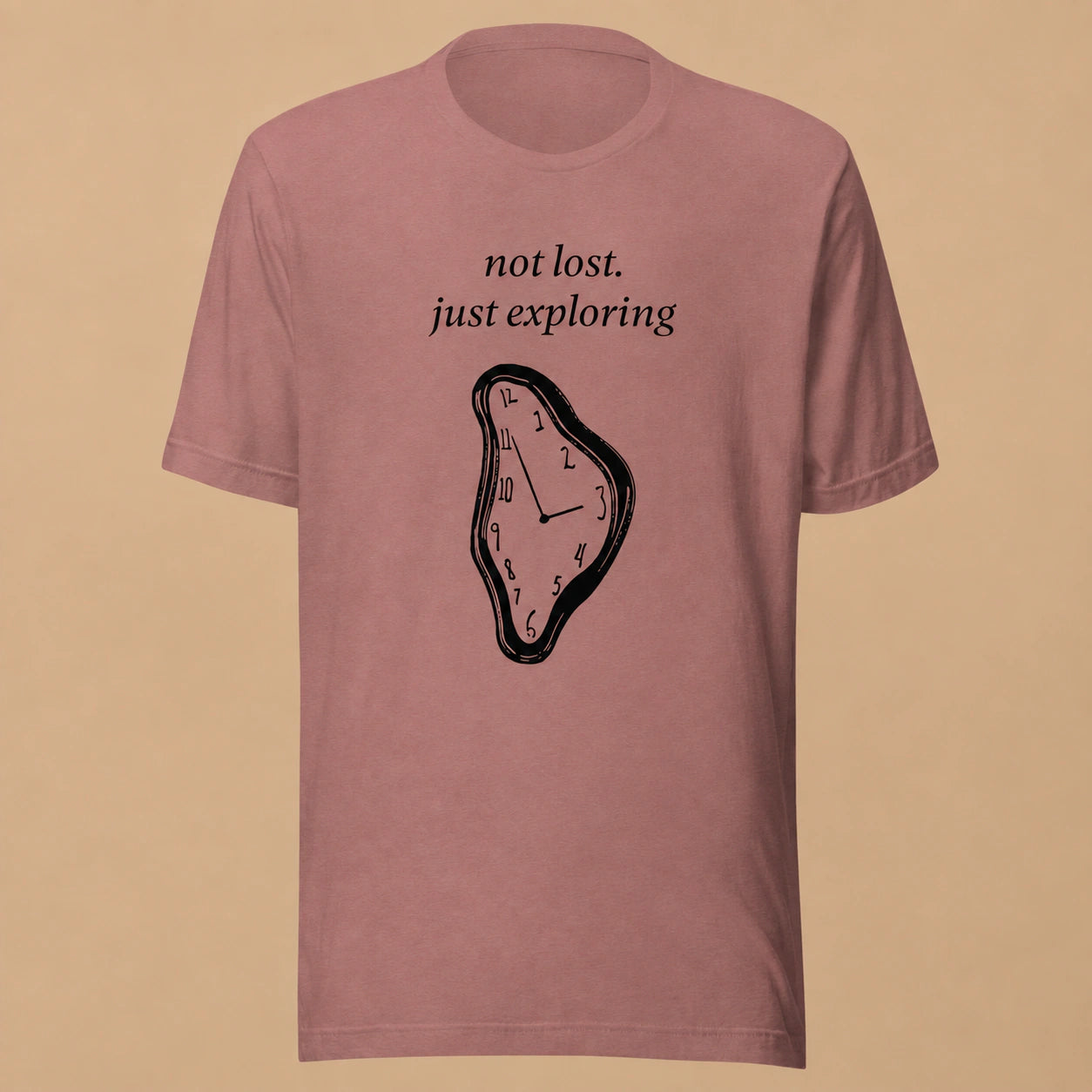 Not Lost, Just Exploring Unisex Crew-Neck Tee in Heather Mauve - flat front product view