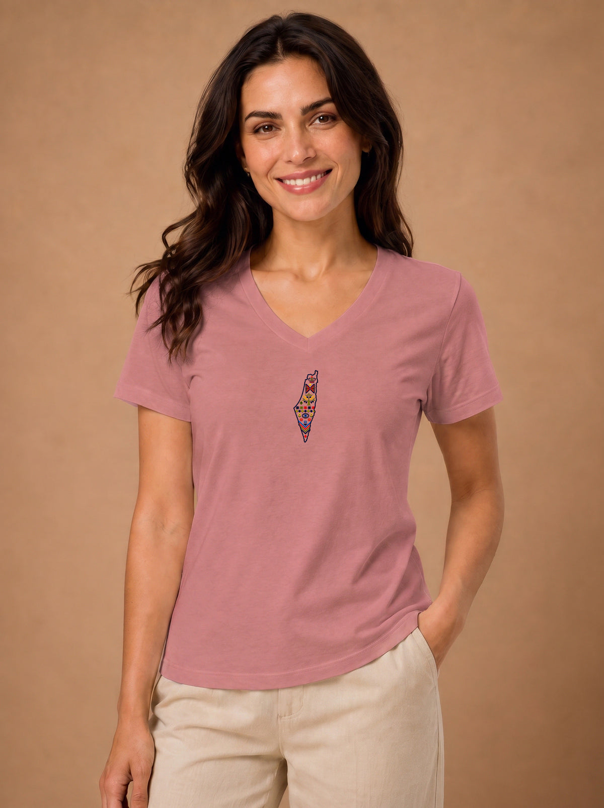 Palestine Heritage Women's Embroidered V-Neck Tee in Heather Mauve - embroidery detail