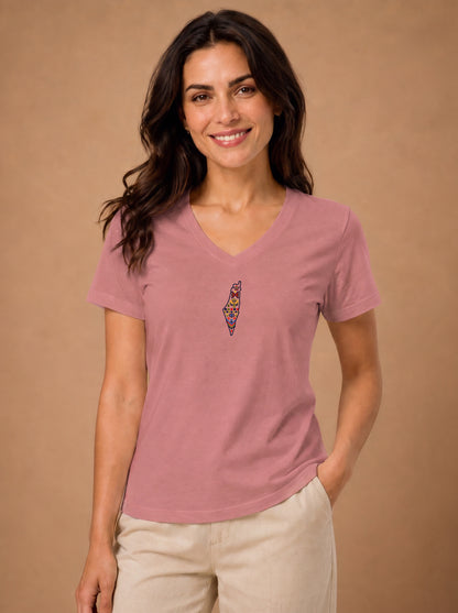 Palestine Heritage Women's Embroidered V-Neck Tee in Heather Mauve - embroidery detail