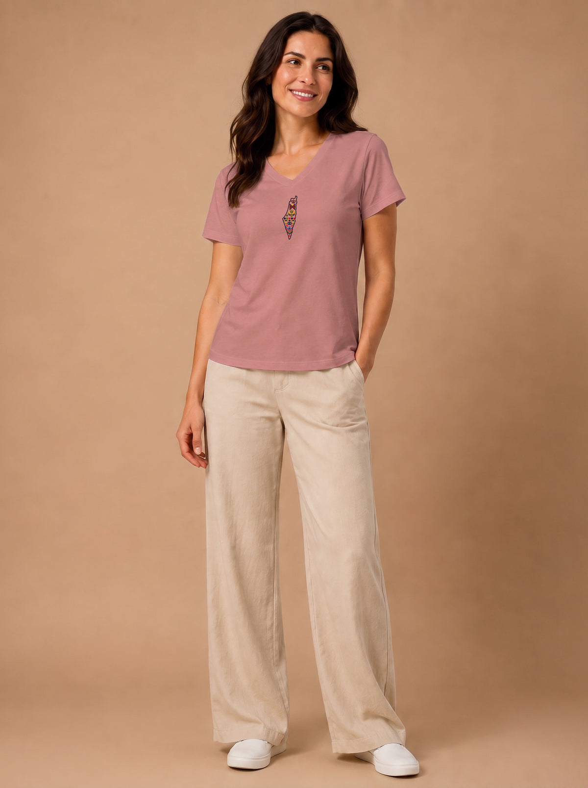 Palestine Heritage Women's Embroidered V-Neck Tee in Heather Mauve - front lifestyle