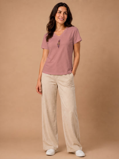 Palestine Heritage Women's Embroidered V-Neck Tee in Heather Mauve - front lifestyle
