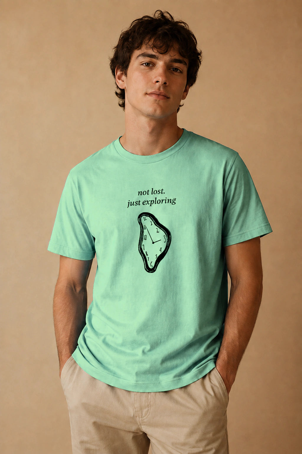 Not Lost, Just Exploring Unisex Crew-Neck Tee in Heather Prism Mint - editorial model view