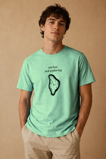 Not Lost, Just Exploring Unisex Crew-Neck Tee in Heather Prism Mint - editorial model view