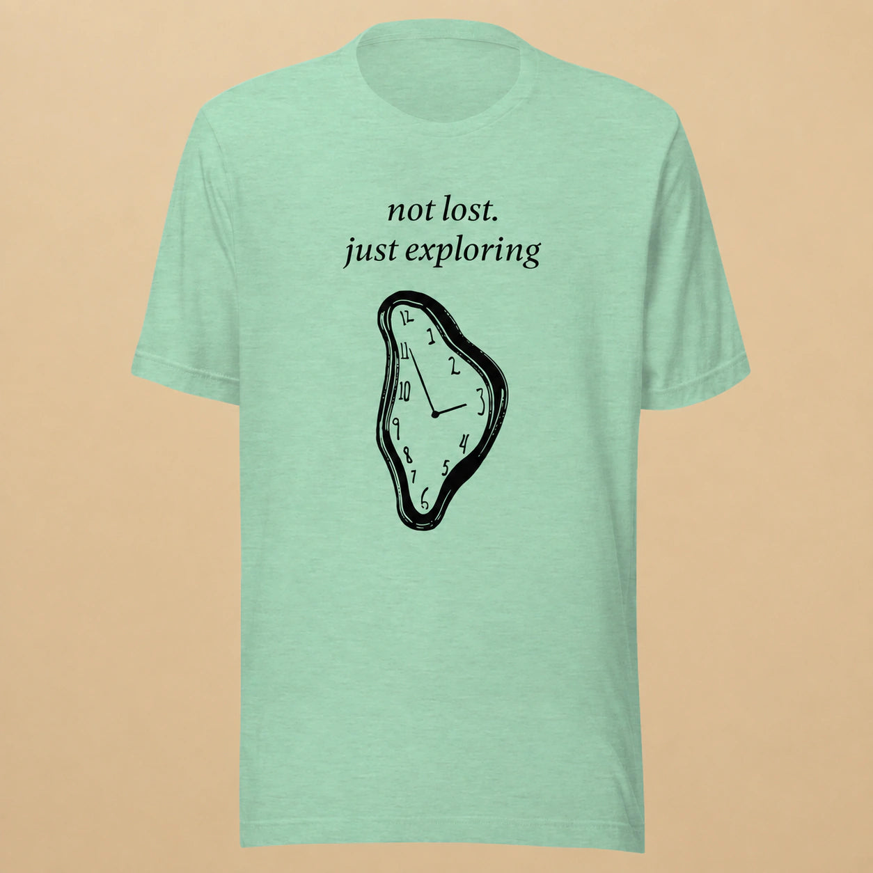 Not Lost, Just Exploring Unisex Crew-Neck Tee in Heather Prism Mint - flat front product view